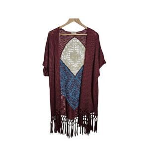 Umgee Women's Size M/L Boho Knit Aztec Fringed  Crochet Inlay Ruana Cardigan